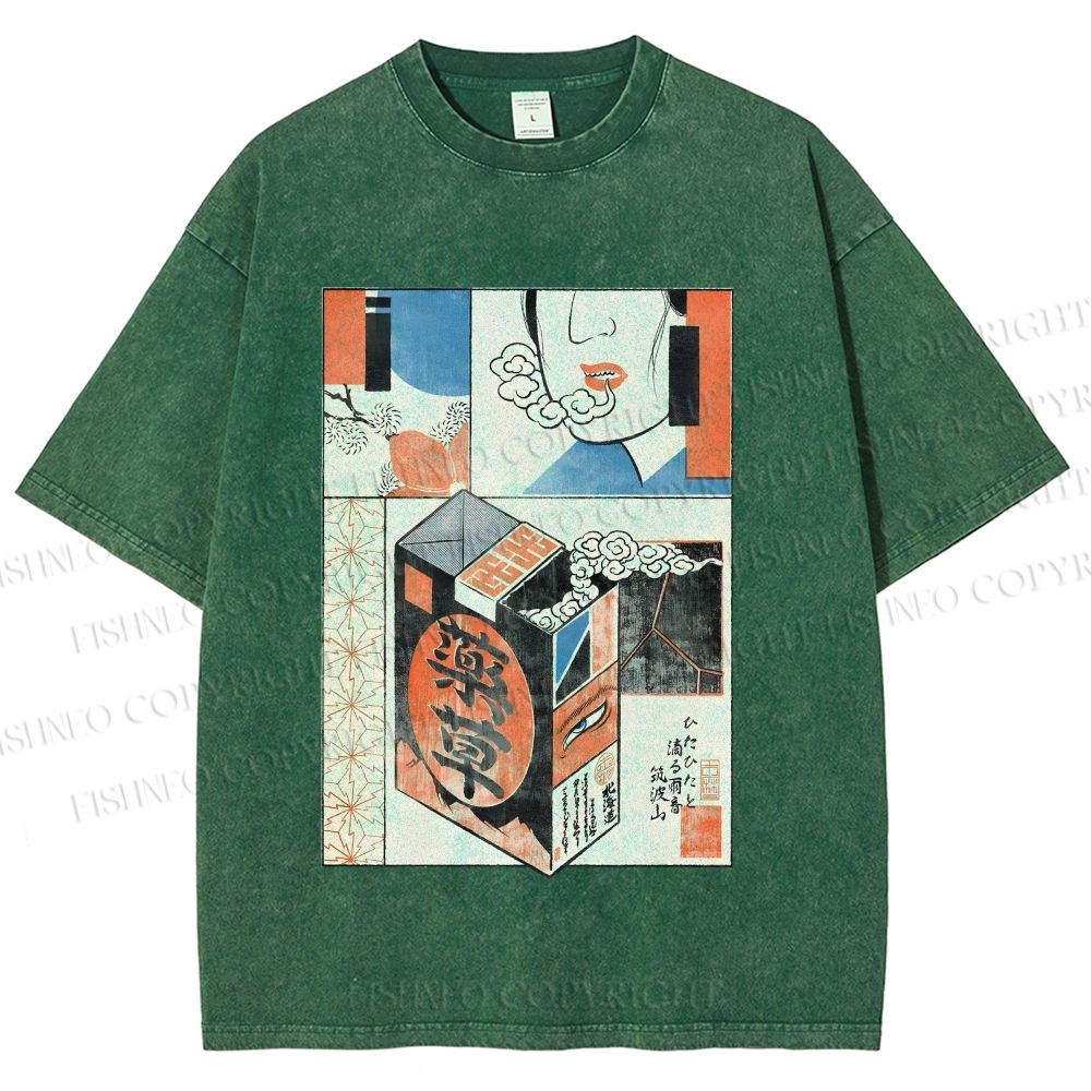 Unisex Vintage Japanese Art Printed Washed Tee