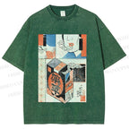 Unisex Vintage Japanese Art Printed Washed Tee