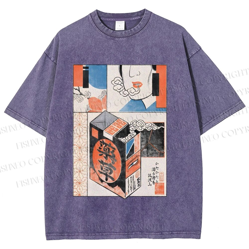 Unisex Vintage Japanese Art Printed Washed Tee