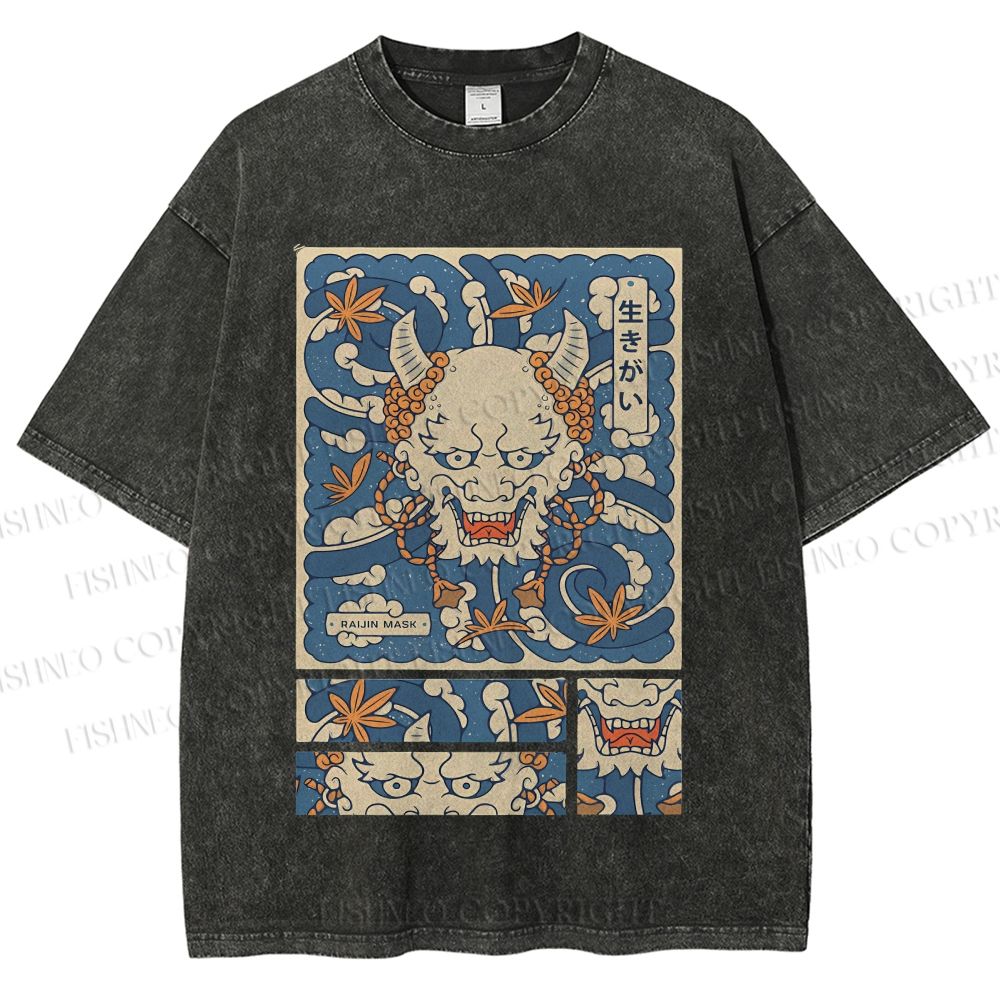 Unisex Vintage Japanese Art Printed Washed Tee