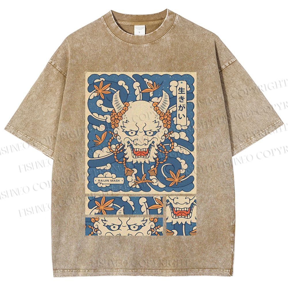 Unisex Vintage Japanese Art Printed Washed Tee