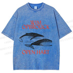 Unisex Whale Graffiti Printed Washed Tee