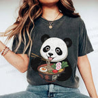 Unisex Panda Having Noodle Printed Washed Tee