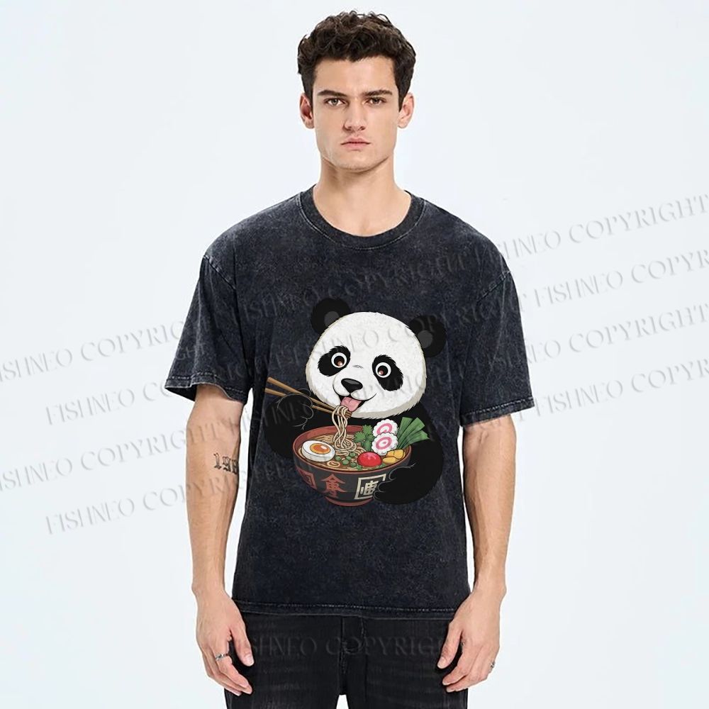 Unisex Panda Having Noodle Printed Washed Tee