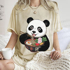 Unisex Panda Having Noodle Printed Washed Tee