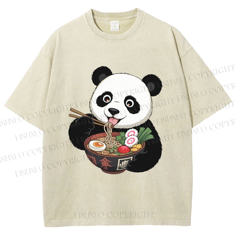 Unisex Panda Having Noodle Printed Washed Tee