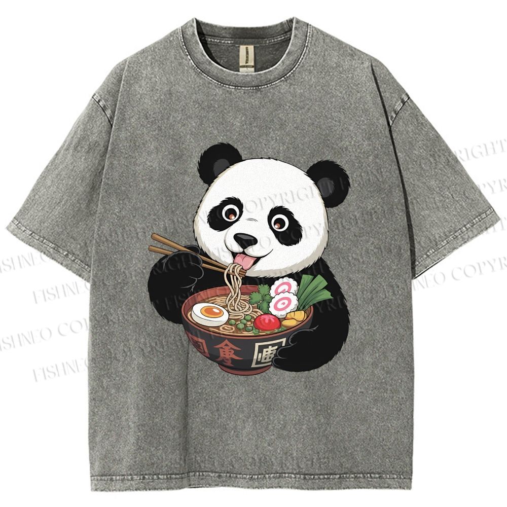 Unisex Panda Having Noodle Printed Washed Tee