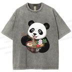 Unisex Panda Having Noodle Printed Washed Tee