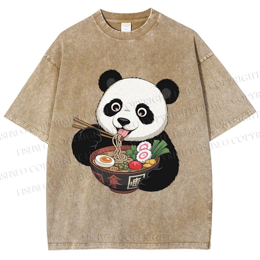 Unisex Panda Having Noodle Printed Washed Tee