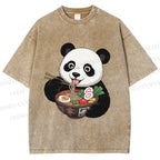 Unisex Panda Having Noodle Printed Washed Tee