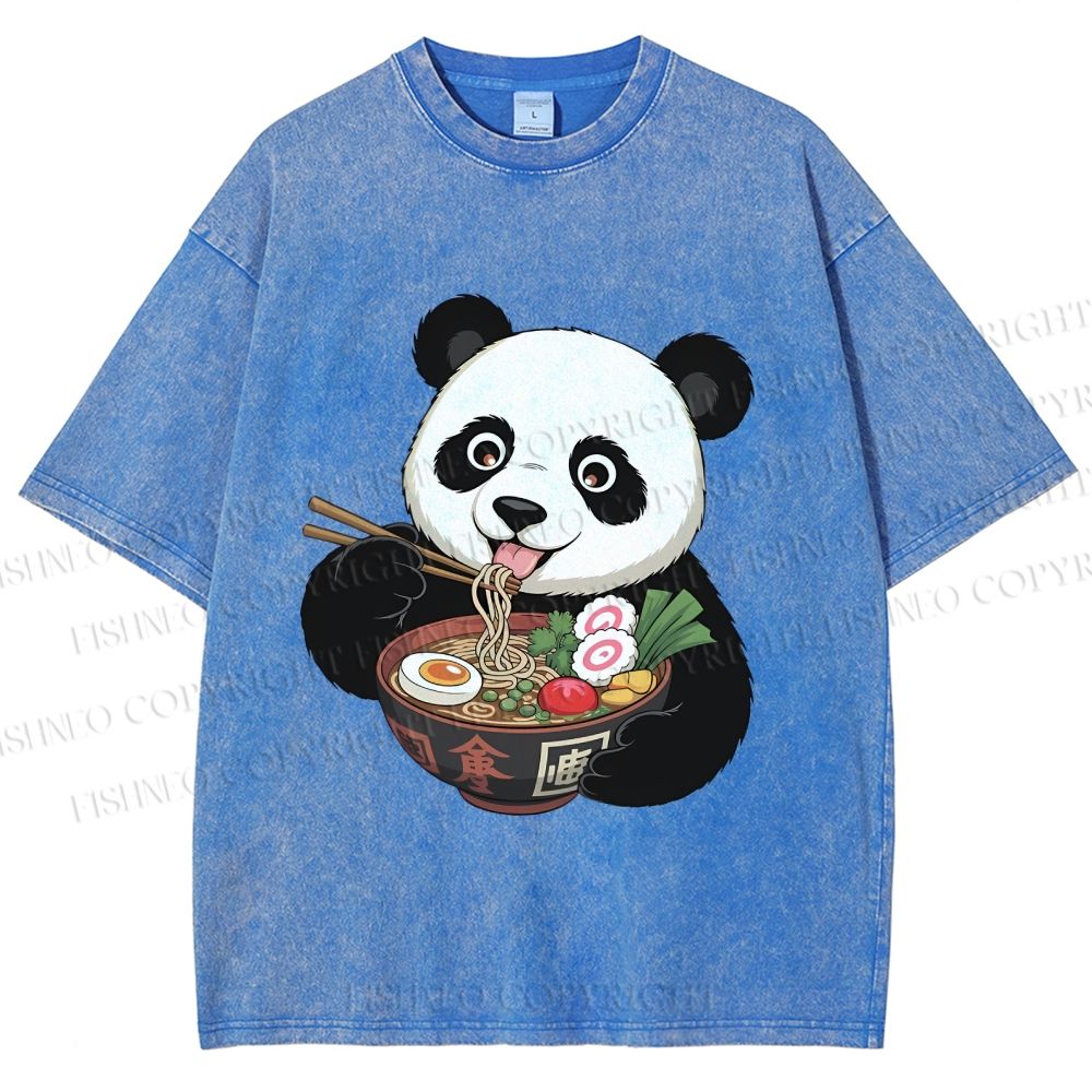 Unisex Panda Having Noodle Printed Washed Tee