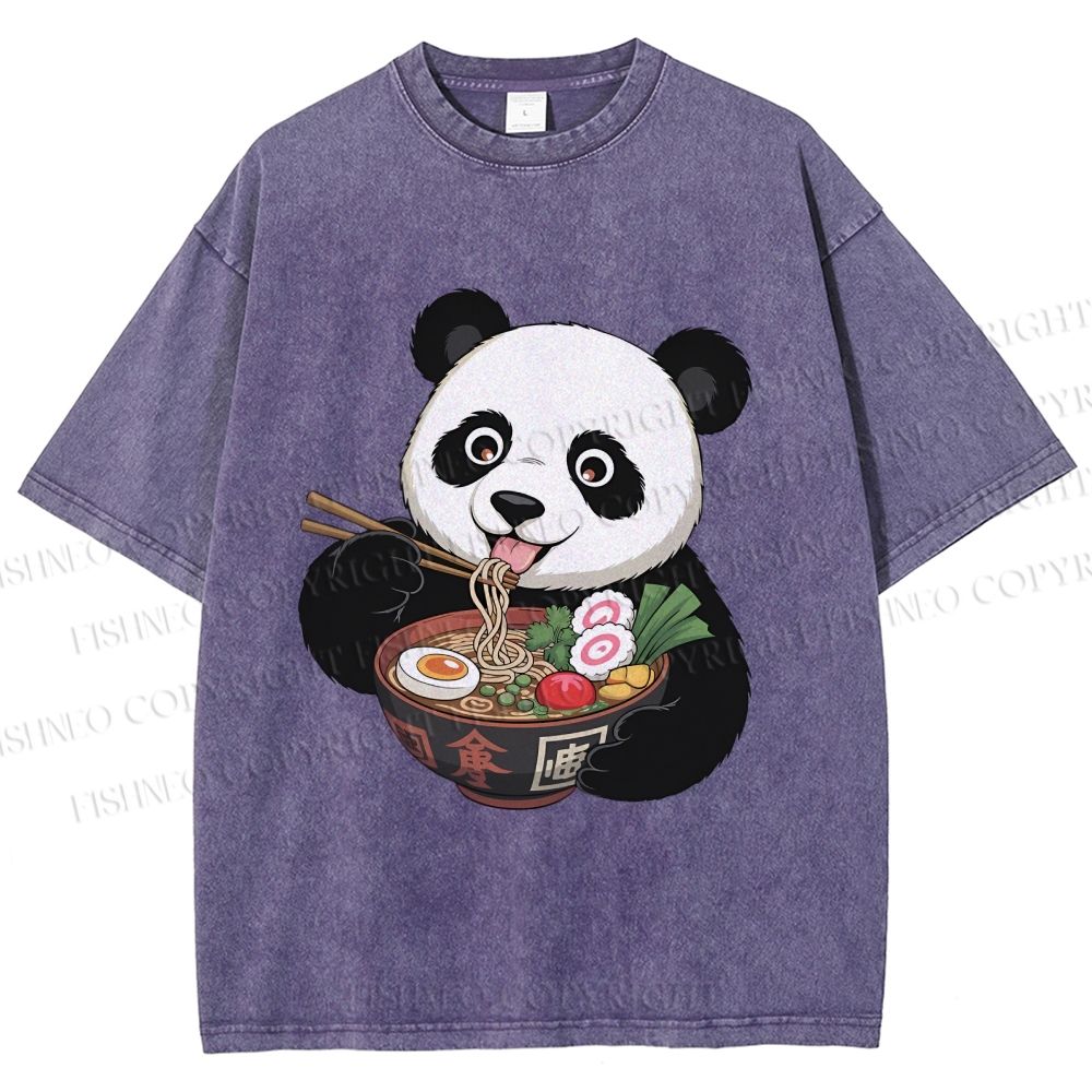 Unisex Panda Having Noodle Printed Washed Tee