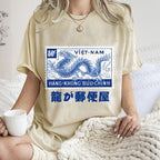 Unisex Japanese Dragon Stamp Printed Washed Tee