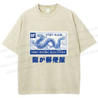 Unisex Japanese Dragon Stamp Printed Washed Tee