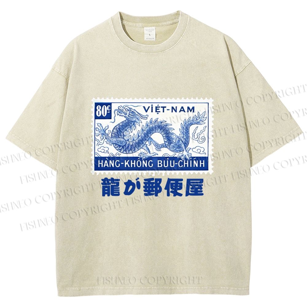 Unisex Japanese Dragon Stamp Printed Washed Tee