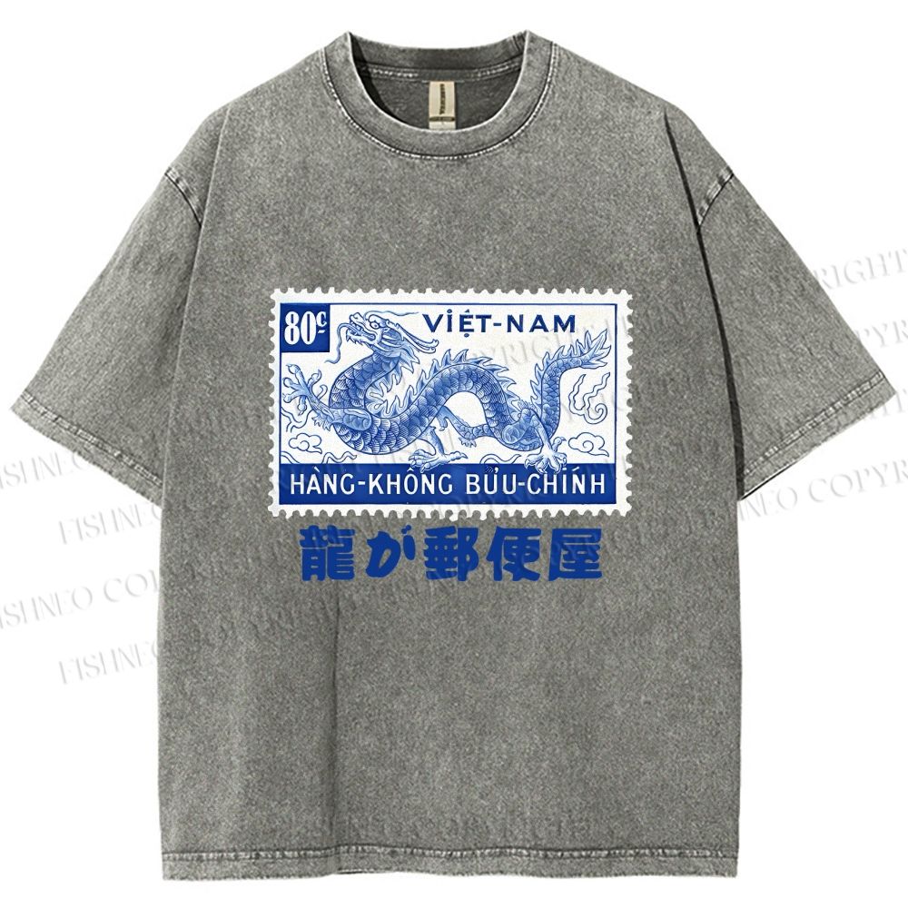 Unisex Japanese Dragon Stamp Printed Washed Tee