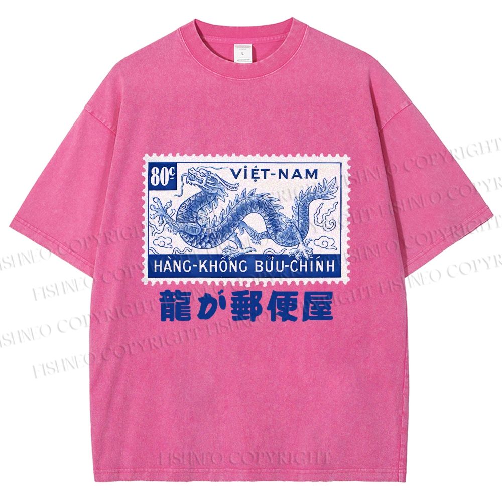 Unisex Japanese Dragon Stamp Printed Washed Tee