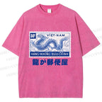 Unisex Japanese Dragon Stamp Printed Washed Tee