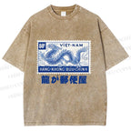 Unisex Japanese Dragon Stamp Printed Washed Tee