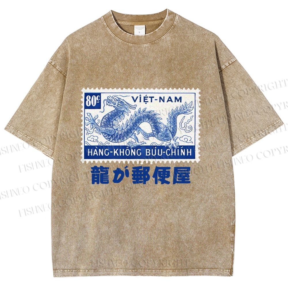Unisex Japanese Dragon Stamp Printed Washed Tee