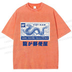 Unisex Japanese Dragon Stamp Printed Washed Tee