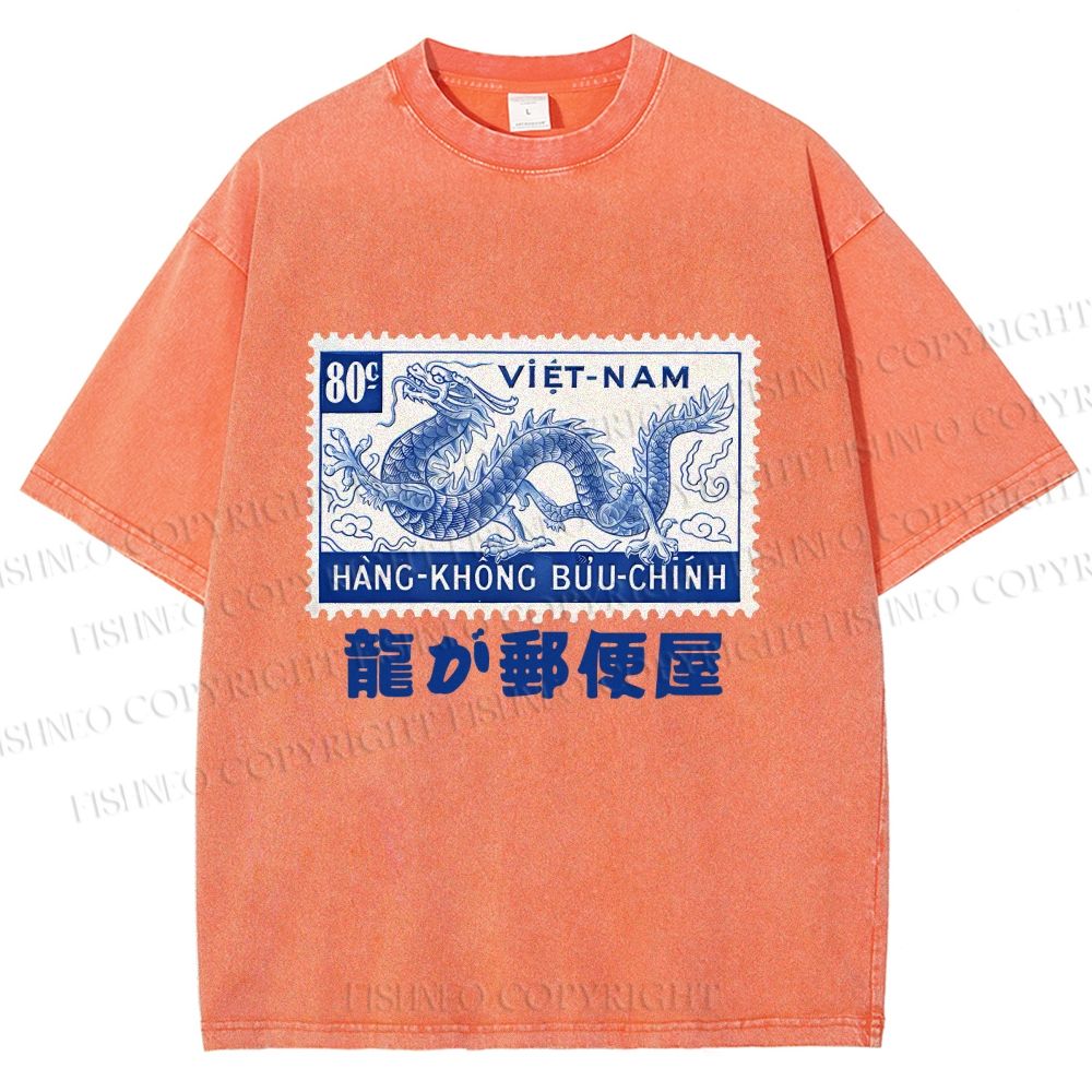 Unisex Japanese Dragon Stamp Printed Washed Tee
