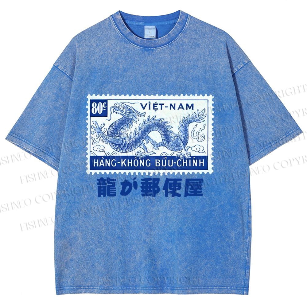 Unisex Japanese Dragon Stamp Printed Washed Tee