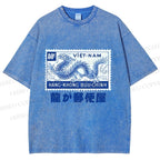 Unisex Japanese Dragon Stamp Printed Washed Tee