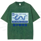 Unisex Japanese Dragon Stamp Printed Washed Tee