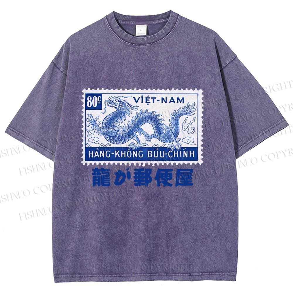 Unisex Japanese Dragon Stamp Printed Washed Tee