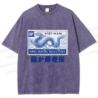 Unisex Japanese Dragon Stamp Printed Washed Tee