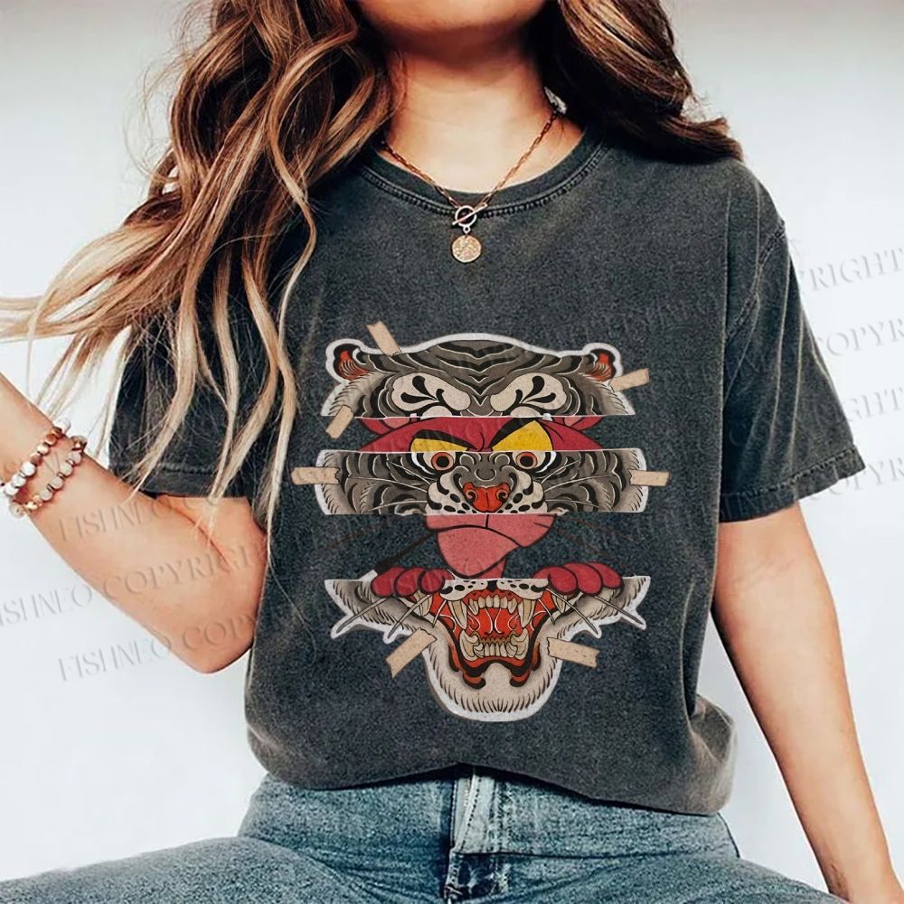 Unisex Tiger Pink Panther Printed Washed Tee