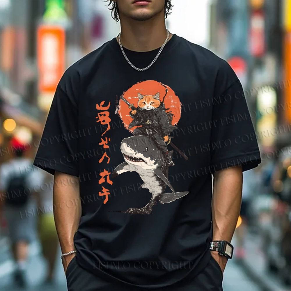Unisex Japanese Cat Samurai Shark Classic Cotton T-shirt