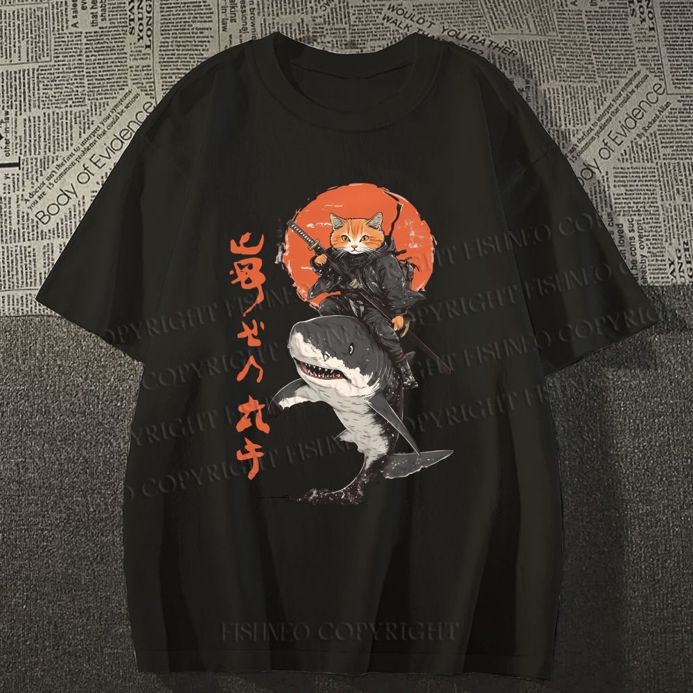Unisex Japanese Cat Samurai Shark Classic Cotton T-shirt