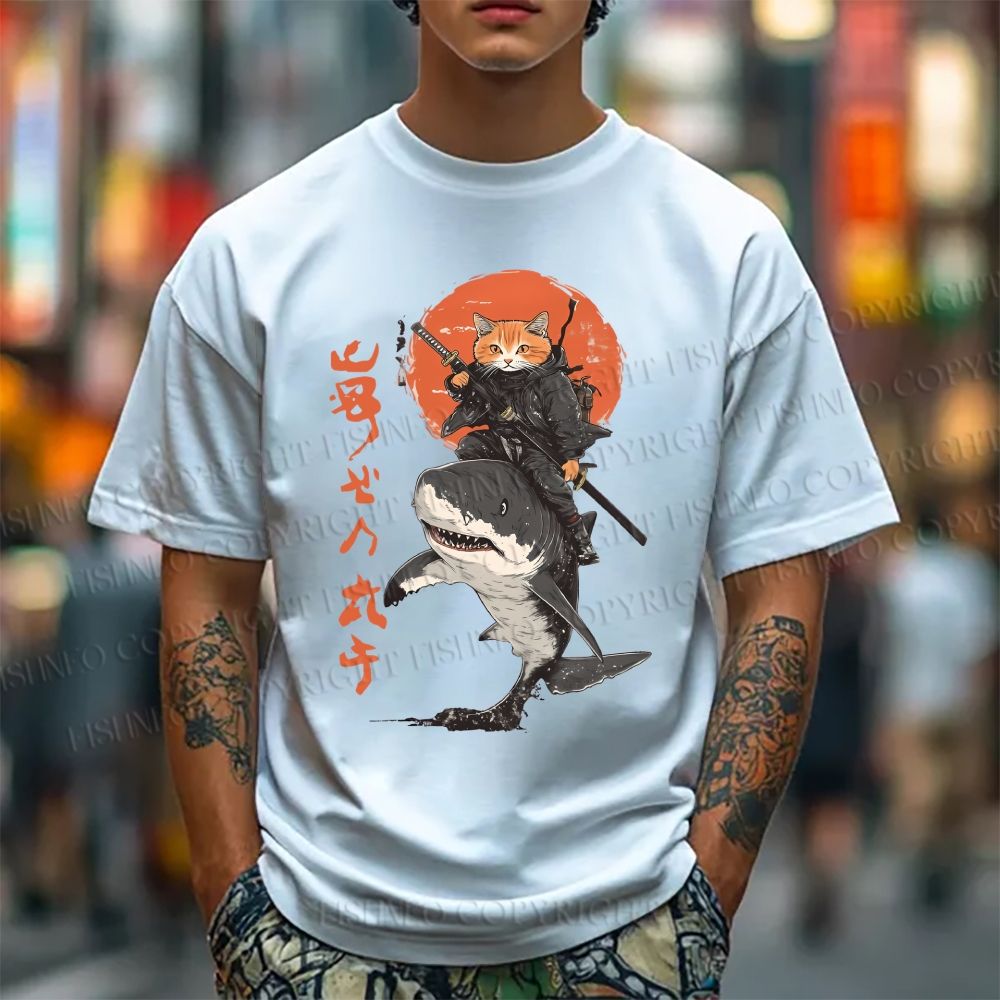 Unisex Japanese Cat Samurai Shark Classic Cotton T-shirt