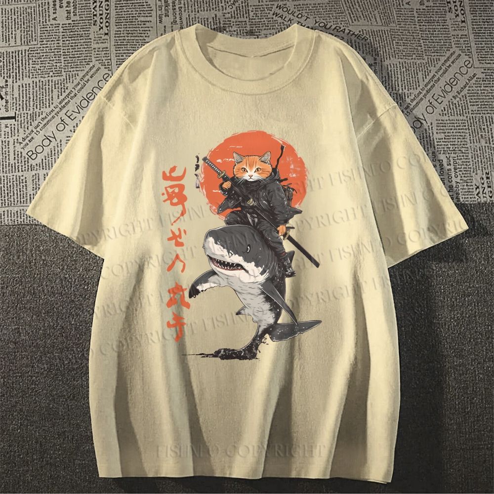 Unisex Japanese Cat Samurai Shark Classic Cotton T-shirt