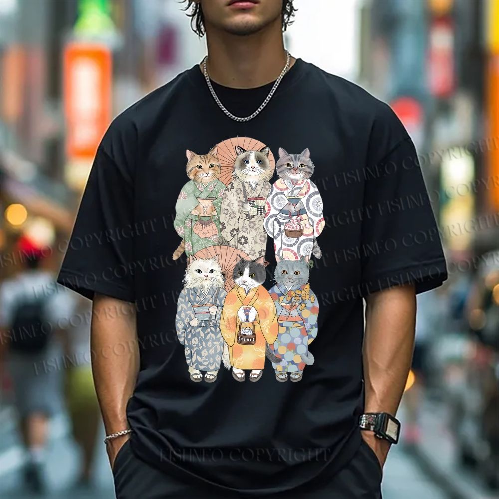 Unisex Japanese Kimono Cat Classic Cotton T-shirt