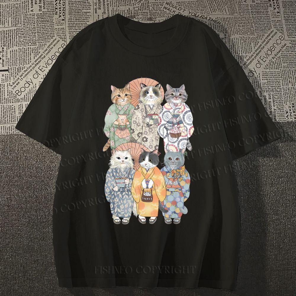 Unisex Japanese Kimono Cat Classic Cotton T-shirt