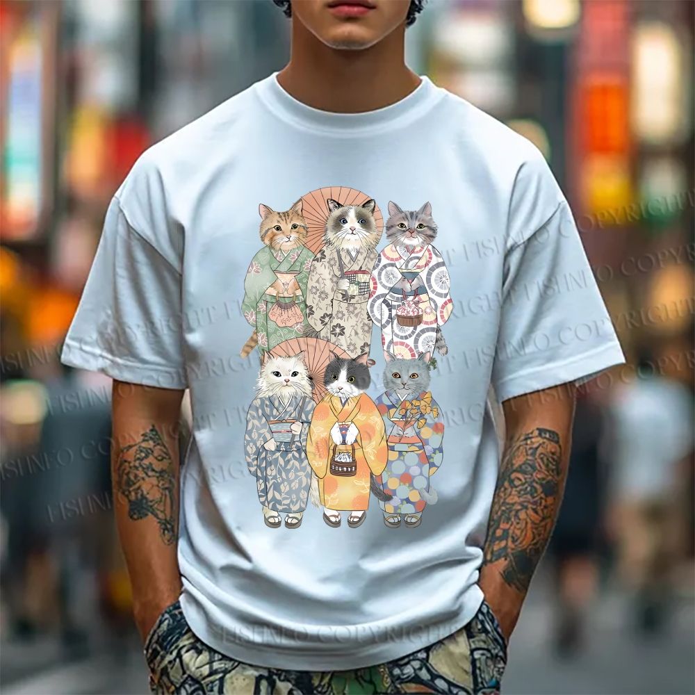 Unisex Japanese Kimono Cat Classic Cotton T-shirt
