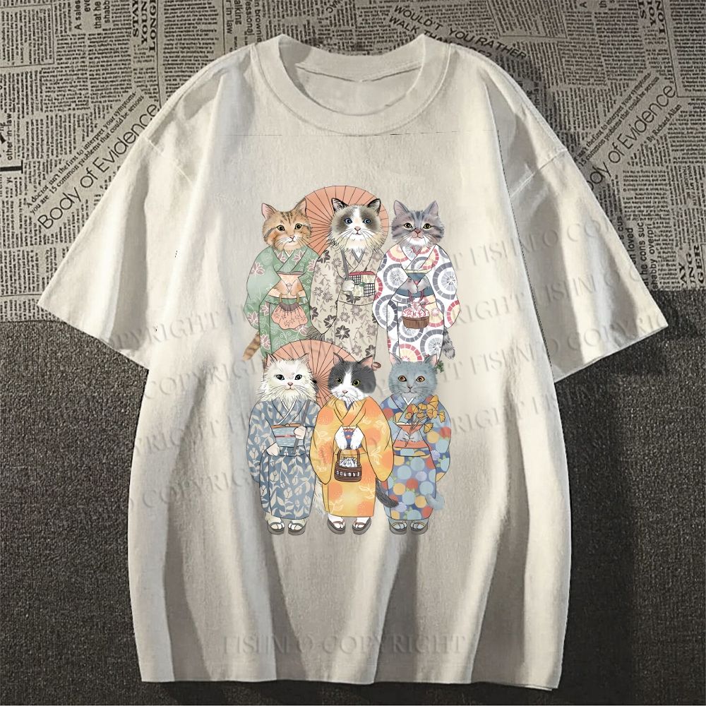 Unisex Japanese Kimono Cat Classic Cotton T-shirt