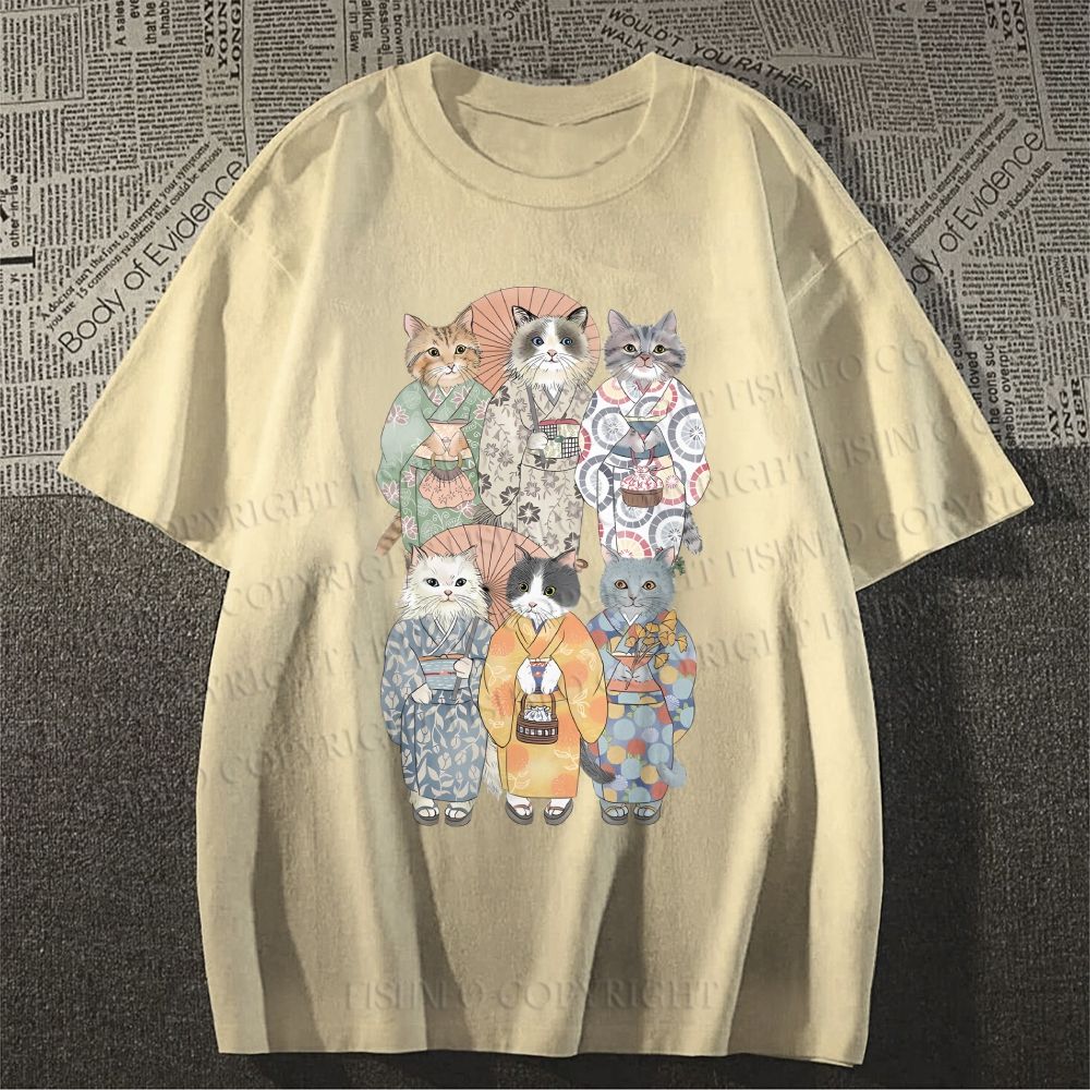 Unisex Japanese Kimono Cat Classic Cotton T-shirt