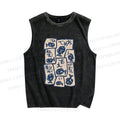 Unisex Japanese Fish Graffiti Printed Washed Tank Top