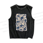 Unisex Japanese Fish Graffiti Printed Washed Tank Top