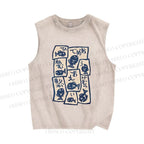 Unisex Japanese Fish Graffiti Printed Washed Tank Top