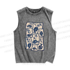 Unisex Japanese Fish Graffiti Printed Washed Tank Top