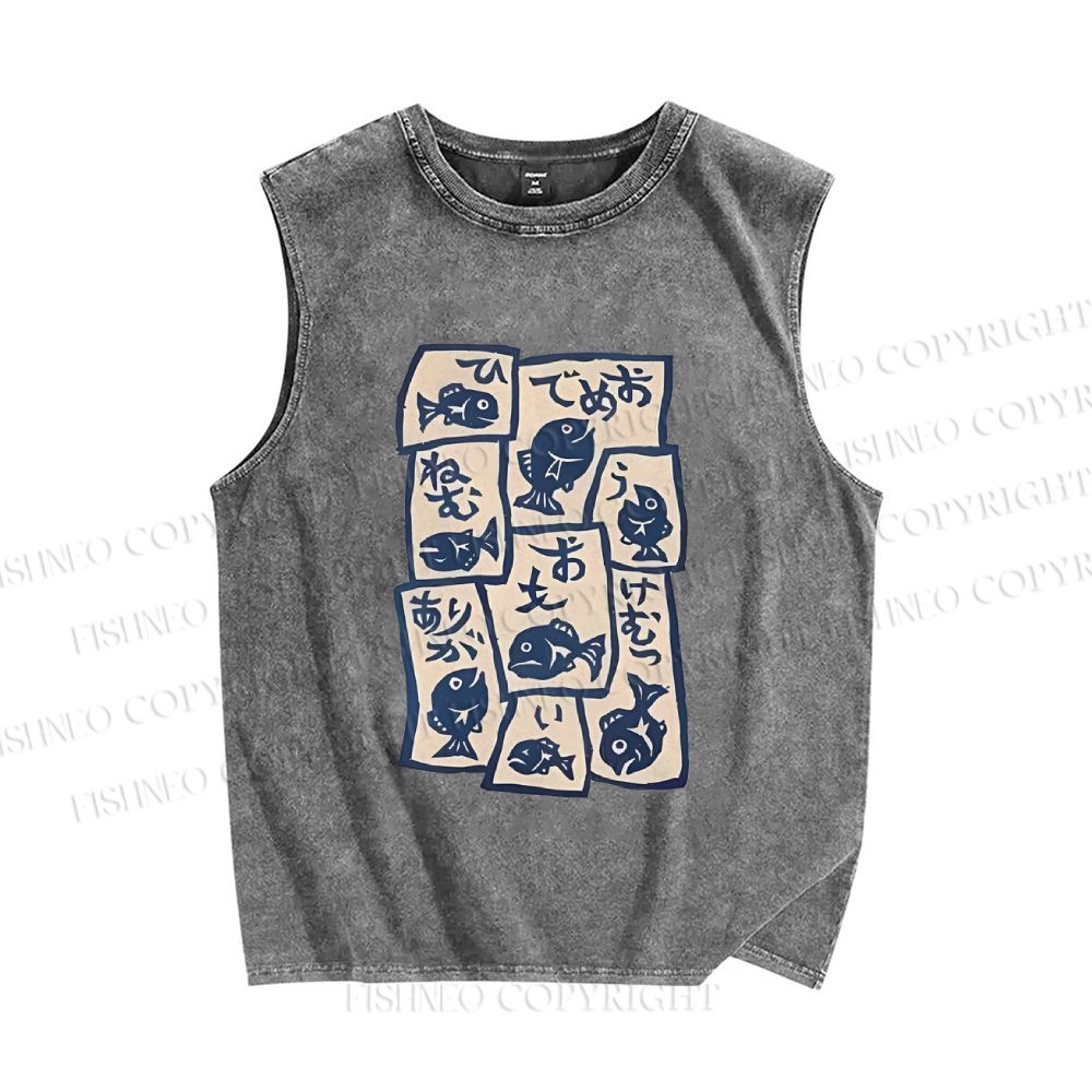 Unisex Japanese Fish Graffiti Printed Washed Tank Top