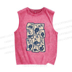Unisex Japanese Fish Graffiti Printed Washed Tank Top