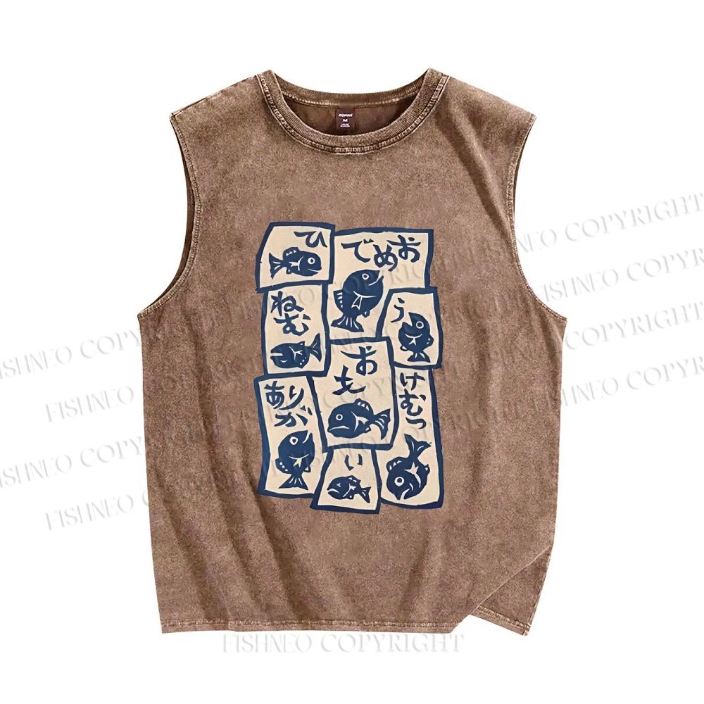 Unisex Japanese Fish Graffiti Printed Washed Tank Top