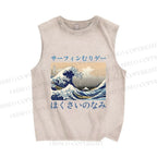 Unisex Japanese Ukiyo-e Sea Wave Printed Washed Tank Top