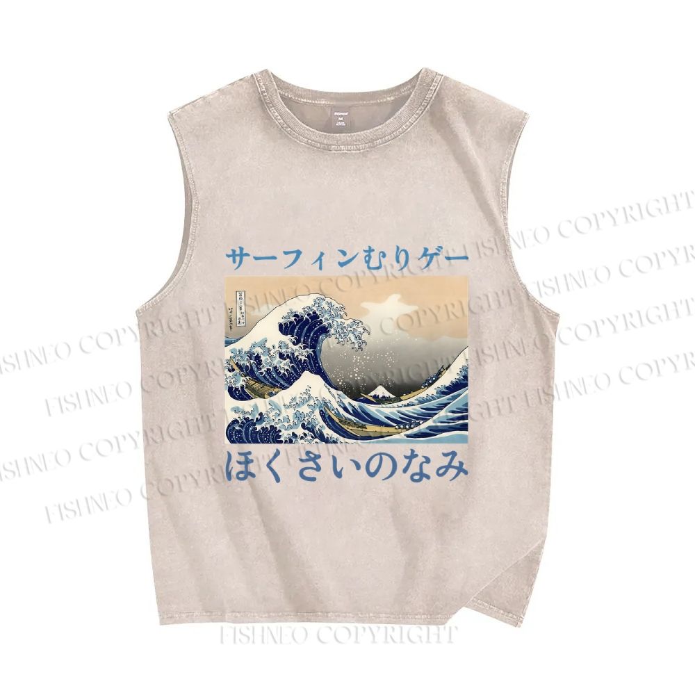 Unisex Japanese Ukiyo-e Sea Wave Printed Washed Tank Top